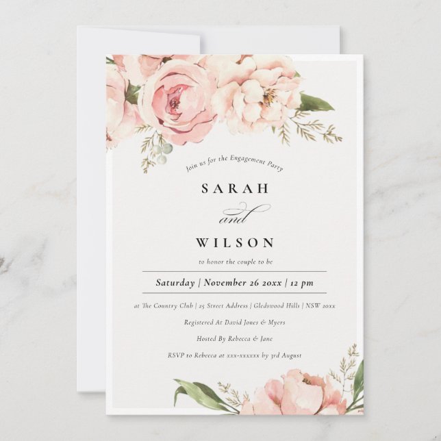 Pastel Blush Peach Peony Floral Engagement Invite (Front)