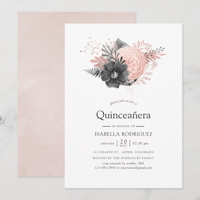 Pastel Blush Pink and Charcoal Floral Quinceañera Invitation (Front/Back)
