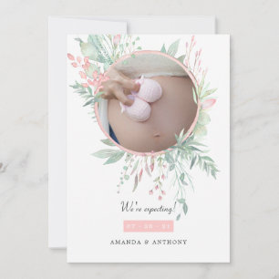 Pastel Blush Pink and Greenery Photo Pregnancy Announcement