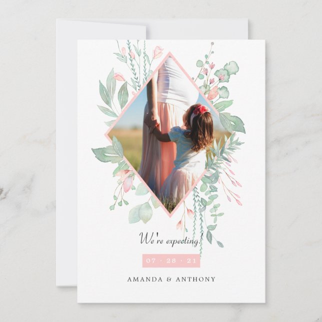 Pastel Blush Pink and Greenery Photo Pregnancy Announcement (Front)