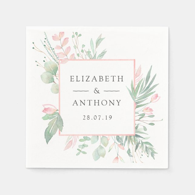 Pastel Blush Pink and Greenery Wedding Napkin (Front)