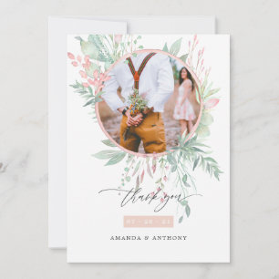 Pastel Blush Pink and Greenery Wedding Photo Thank You Card