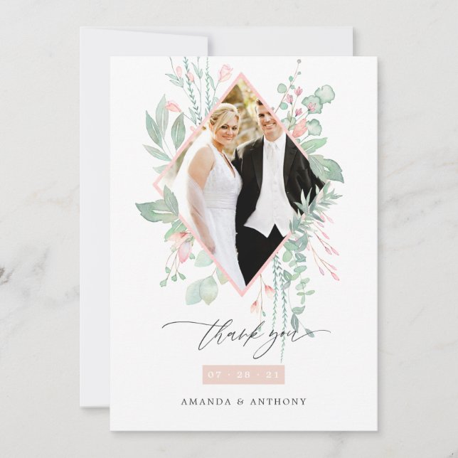 Pastel Blush Pink and Greenery Wedding Photo Thank You Card (Front)