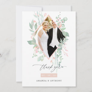 Pastel Blush Pink and Greenery Wedding Photo Thank You Card