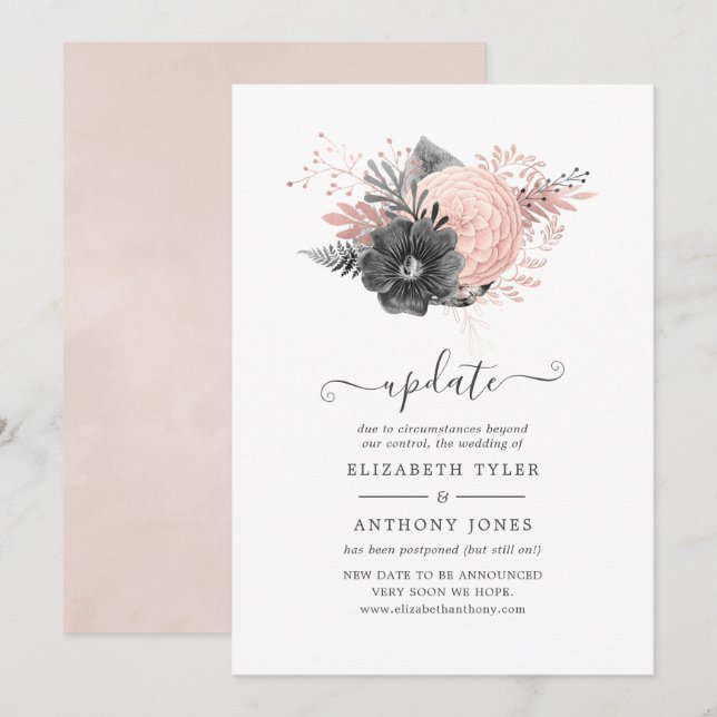 Pastel Blush Pink & Charcoal Floral Wedding Update Invitation (Front/Back)