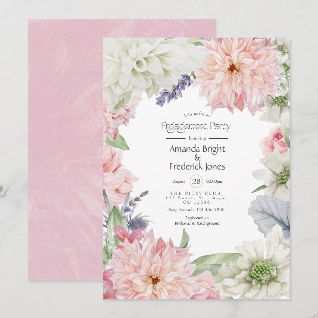 Pastel Blush Pink Dahlia Engagement Party Invitati Invitation (Front/Back)