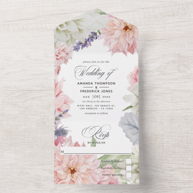 Pastel Blush Pink Dahlia Wedding All In One Invita Invitation (Inside)