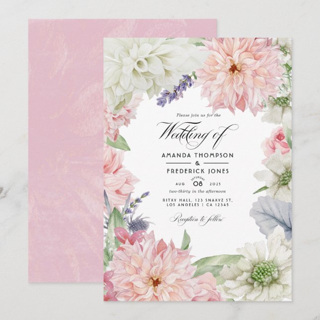 Pastel Blush Pink Dahlia Wedding Invitation (Front/Back)