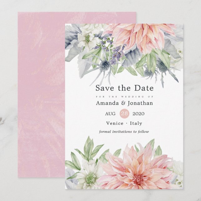 Pastel Blush Pink Dahlia Wedding Save The Date (Front/Back)