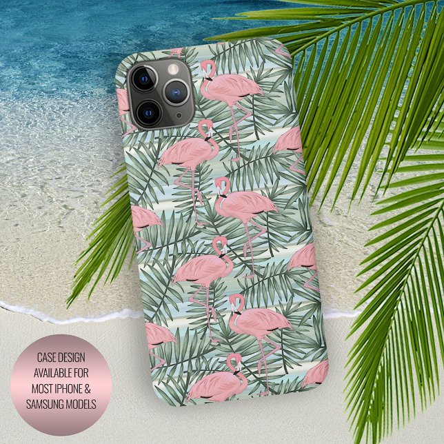 Pastel Blush Pink Flamingoes Palm Leaves Pattern iPhone Case (Creator Uploaded)