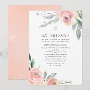 Pastel Blush Pink Floral Bat Mitzvah Invitation
