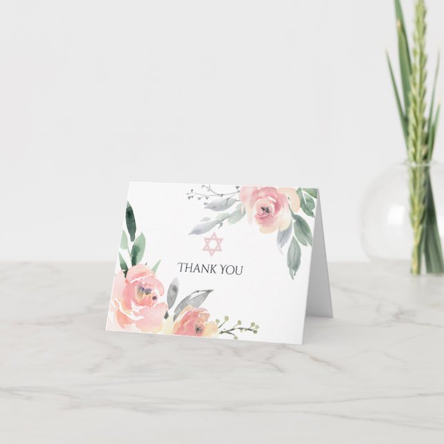 Pastel Blush Pink Floral Bat Mitzvah Thank You Car (Front)