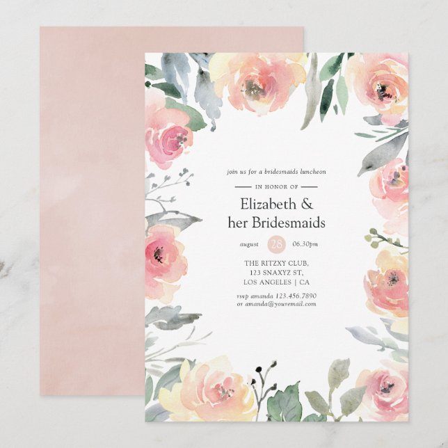 Pastel Blush Pink Floral Bridesmaids Luncheon Invitation (Front/Back)