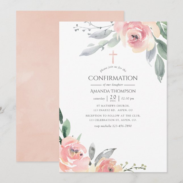 Pastel Blush Pink Floral Confirmation Invitation (Front/Back)