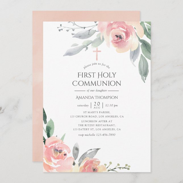 Pastel Blush Pink Floral First Holy Communion Invitation (Front/Back)