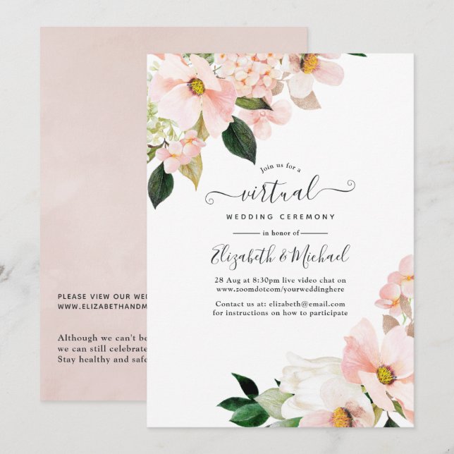 Pastel Blush Pink Floral Online Virtual Wedding Invitation (Front/Back)