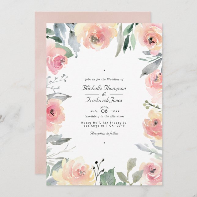 Pastel Blush Pink Floral QR Code RSVP Wedding Invitation (Front/Back)