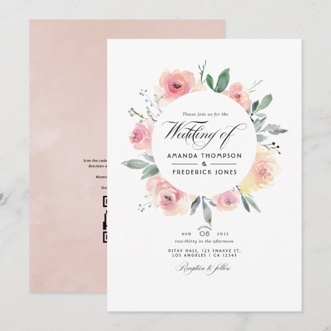 Pastel Blush Pink Floral QR Code RSVP Wedding Invitation (Front/Back)