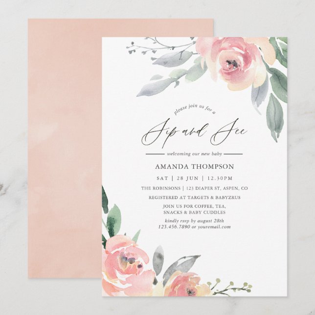 Pastel Blush Pink Floral Sip and See Party Invitation (Front/Back)