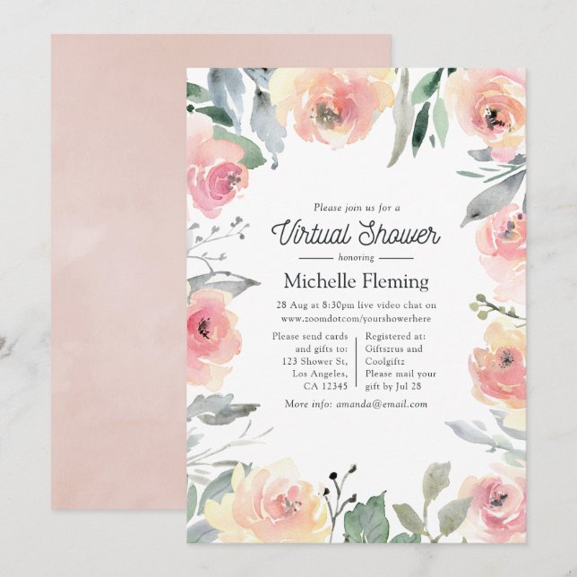 Pastel Blush Pink Floral Virtual Shower Invitation (Front/Back)