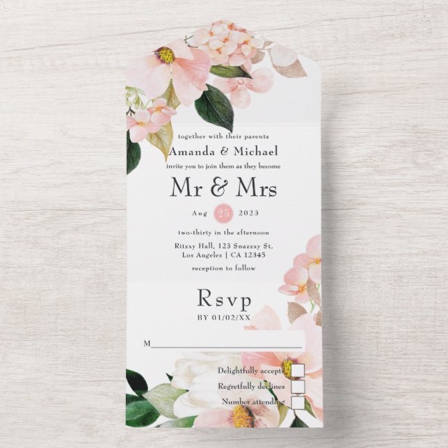 Pastel Blush Pink Floral Wedding All In One Invitation (Inside)