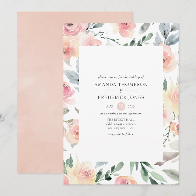 Pastel Blush Pink Floral Wedding Invitation (Front/Back)
