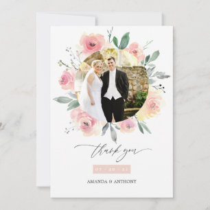 Pastel Blush Pink Floral Wedding Photo Collage Thank You Card