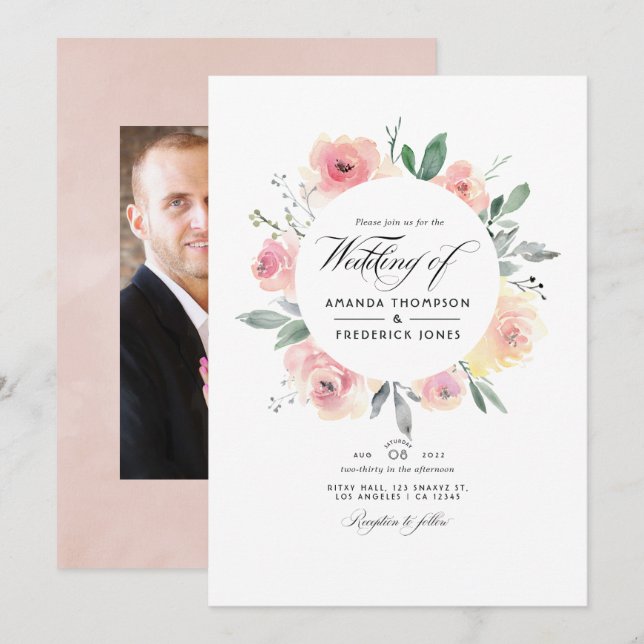Pastel Blush Pink Floral Wedding Photo Invitation (Front/Back)