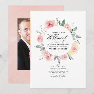Pastel Blush Pink Floral Wedding Photo Invitation