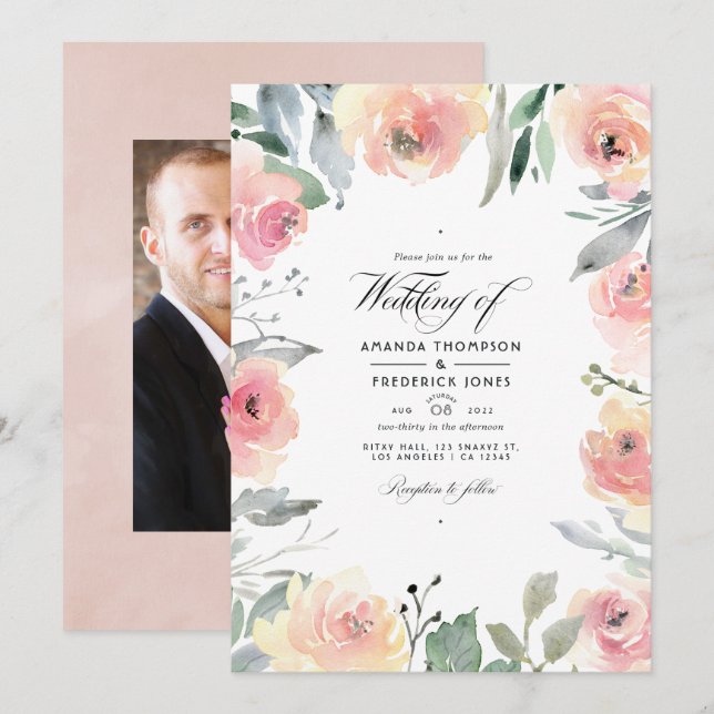 Pastel Blush Pink Floral Wedding Photo Invitation (Front/Back)
