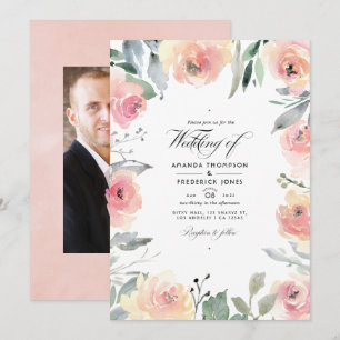 Pastel Blush Pink Floral Wedding Photo Invitation
