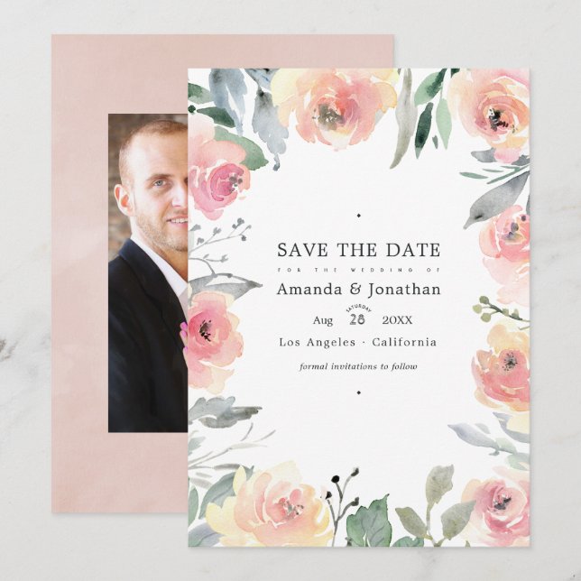 Pastel Blush Pink Floral Wedding Photo Save The Date (Front/Back)