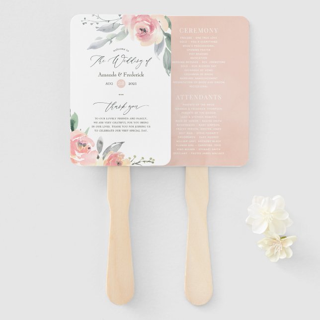 Pastel Blush Pink Floral Wedding Program Hand Fan (Front and Back)