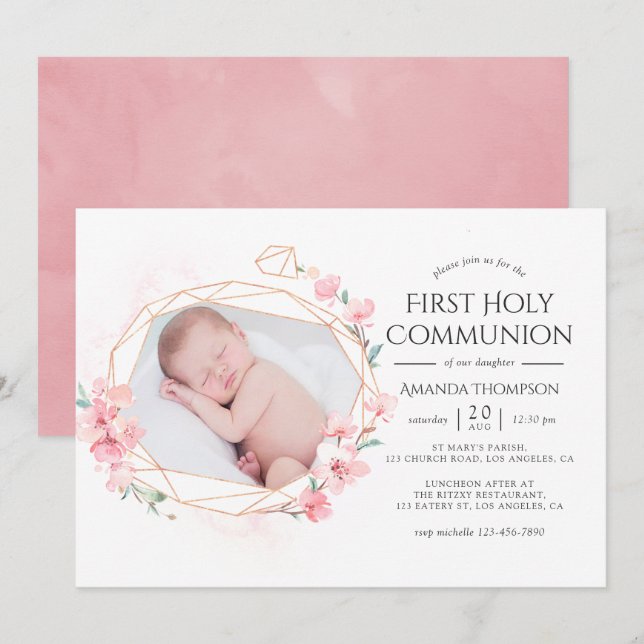 Pastel Blush Pink Geometric Floral Holy Communion  Invitation (Front/Back)