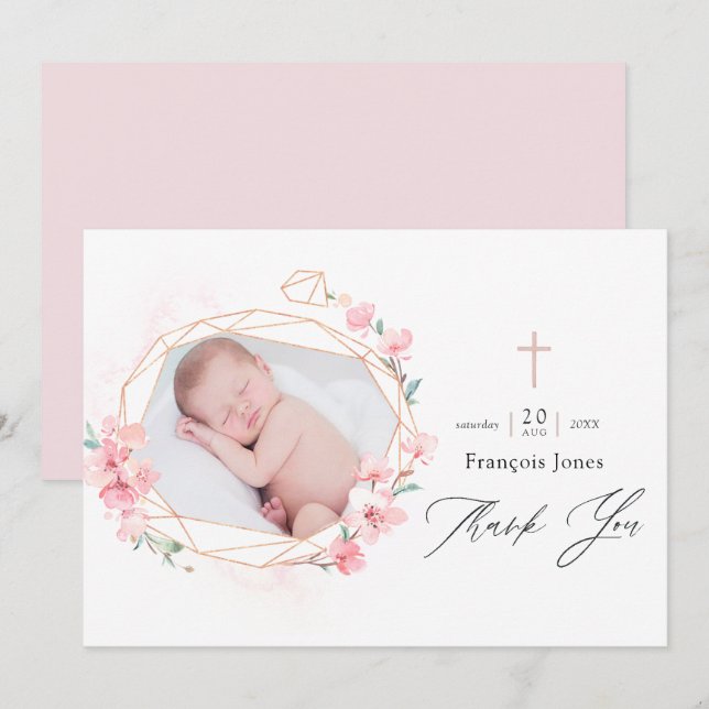 Pastel Blush Pink Geometric Floral Holy Communion  Thank You Card (Front/Back)