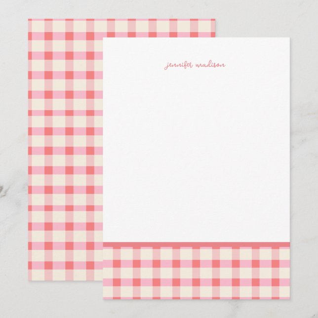 Pastel Blush Pink Gingham Plaid Check Note Card  (Front/Back)