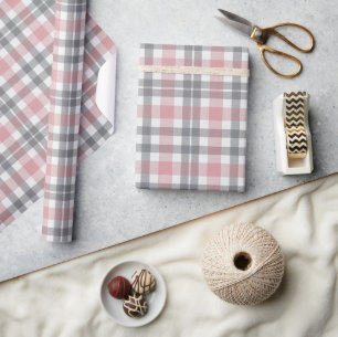 Pastel Blush Pink Grey White Plaid Pattern Wrapping Paper