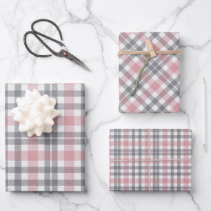 Pastel Blush Pink Grey White Plaid Pattern Wrapping Paper Sheet