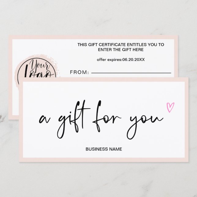 Pastel blush pink heart logo gift certificate (Front/Back)