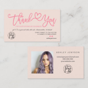 Pastel blush pink heart photo logo order thank you business card