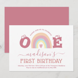 Pastel Blush Pink Rainbow Girls 1st Birthday Invitation