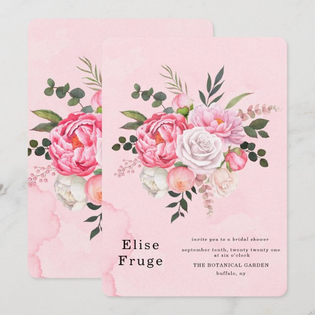 Pastel Blush Pink White Peony Bridal Shower Invitation (Front/Back)