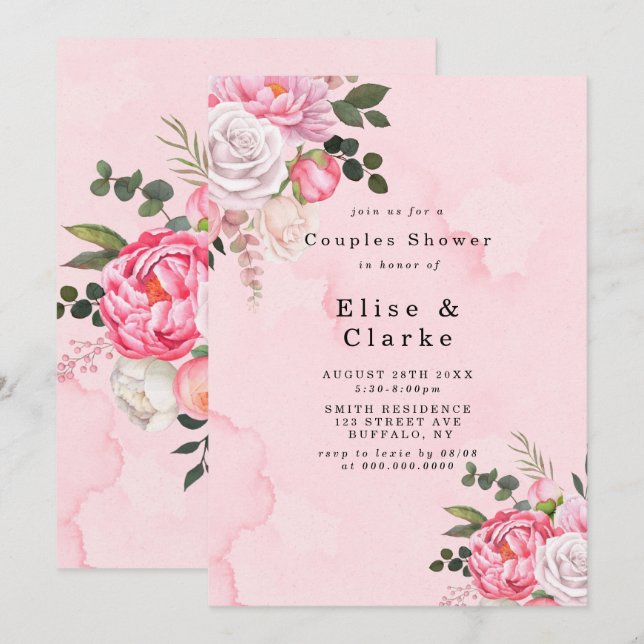 Pastel Blush Pink White Peony Couple Shower Invite (Front/Back)