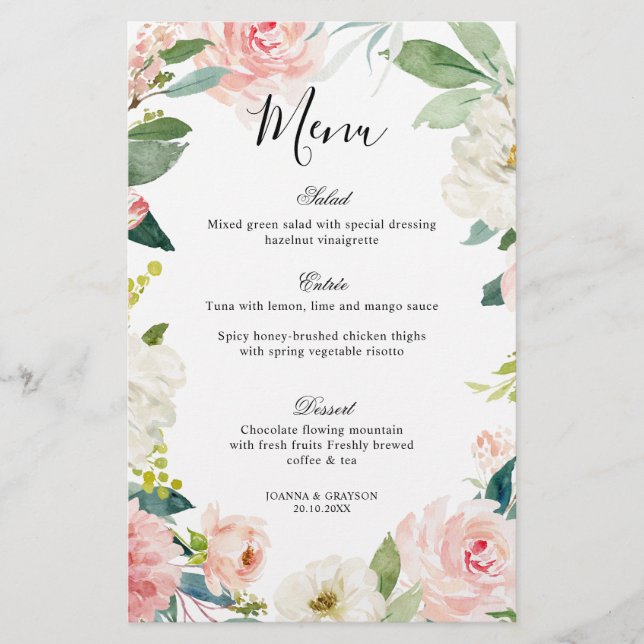 Pastel Blush Pretty Floral Botanical Wedding Menu (Front)