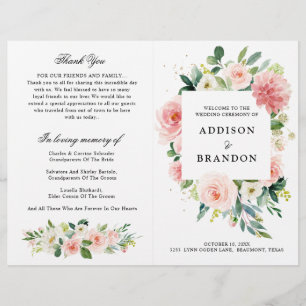 Pastel Blush Pretty Pink Botanical Wedding Program