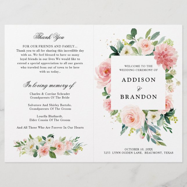 Pastel Blush Pretty Pink Botanical Wedding Program (Front)