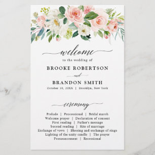 Pastel Blush Pretty Pink Botanical Wedding Program