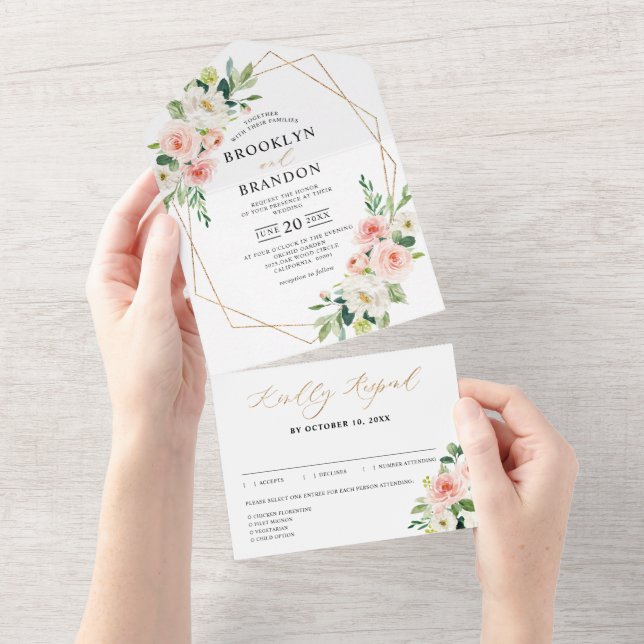 Pastel Blush Pretty Pink Floral Botanical Wedding  All In One Invitation (Tearaway)