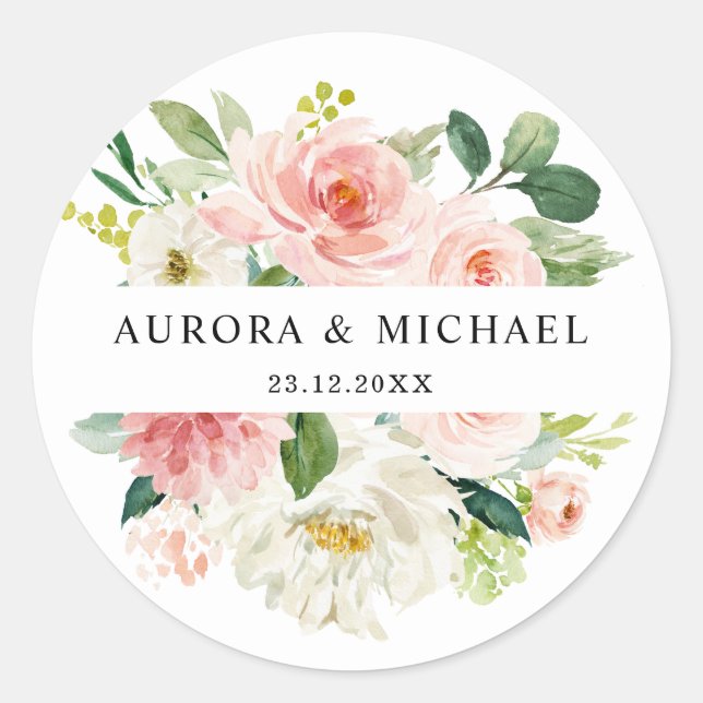 Pastel Blush Pretty Pink Floral Botanical Wedding Classic Round Sticker (Front)