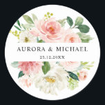 Pastel Blush Pretty Pink Floral Botanical Wedding Classic Round Sticker<br><div class="desc">Elegant Blush pink / peach spring floral botanical wedding favour sticker featuring a bouquet of soft pastel watercolor roses, peonies and hydrangeas in shades of blush pink, peach and cream with lush green botanical leaves and eucalyptus leaves. A modern design choice that is perfect for spring and summer sage blush...</div>